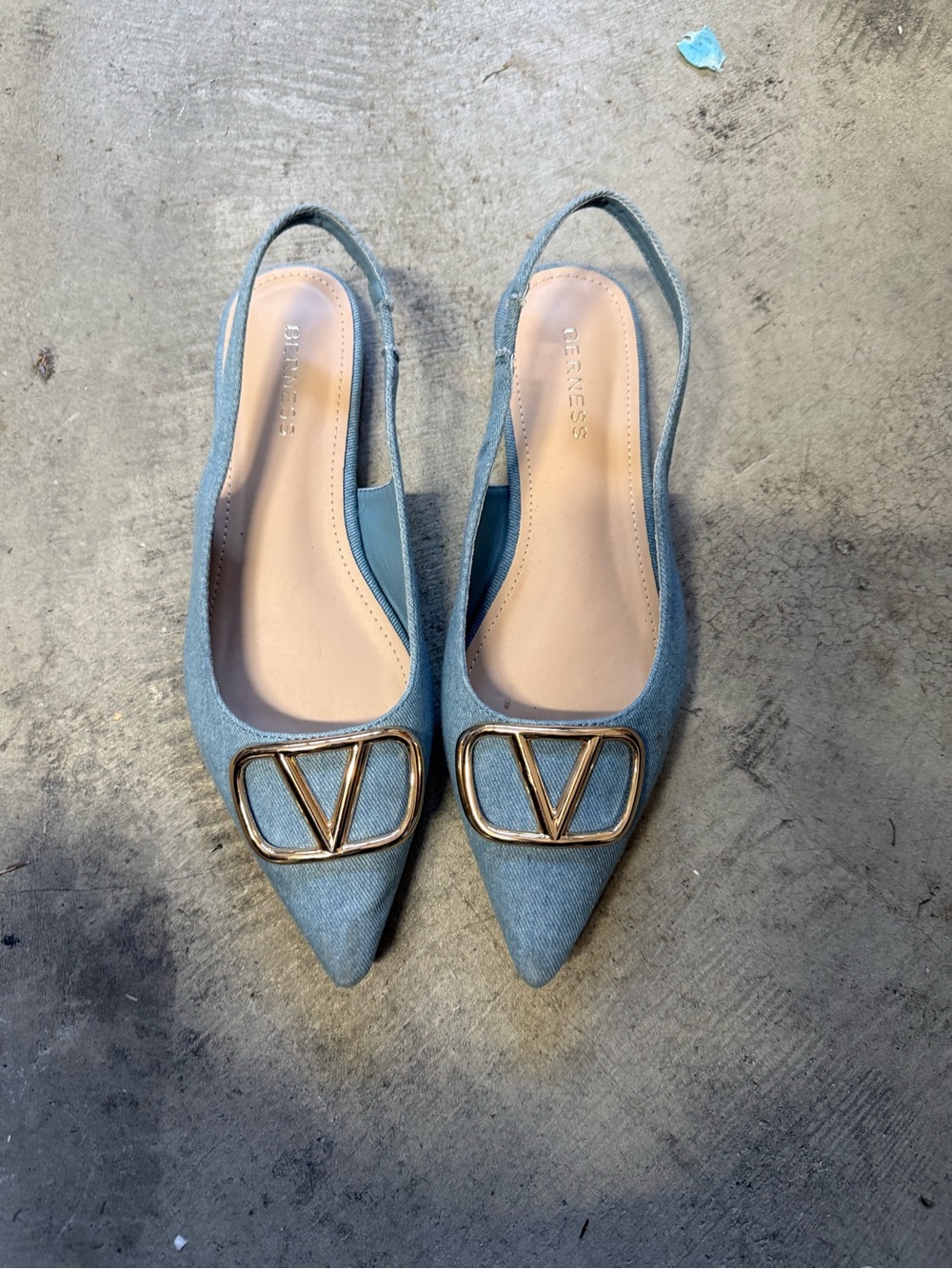 Denim Blue Pointed-Toe Slingback Flats with Gold V Accent